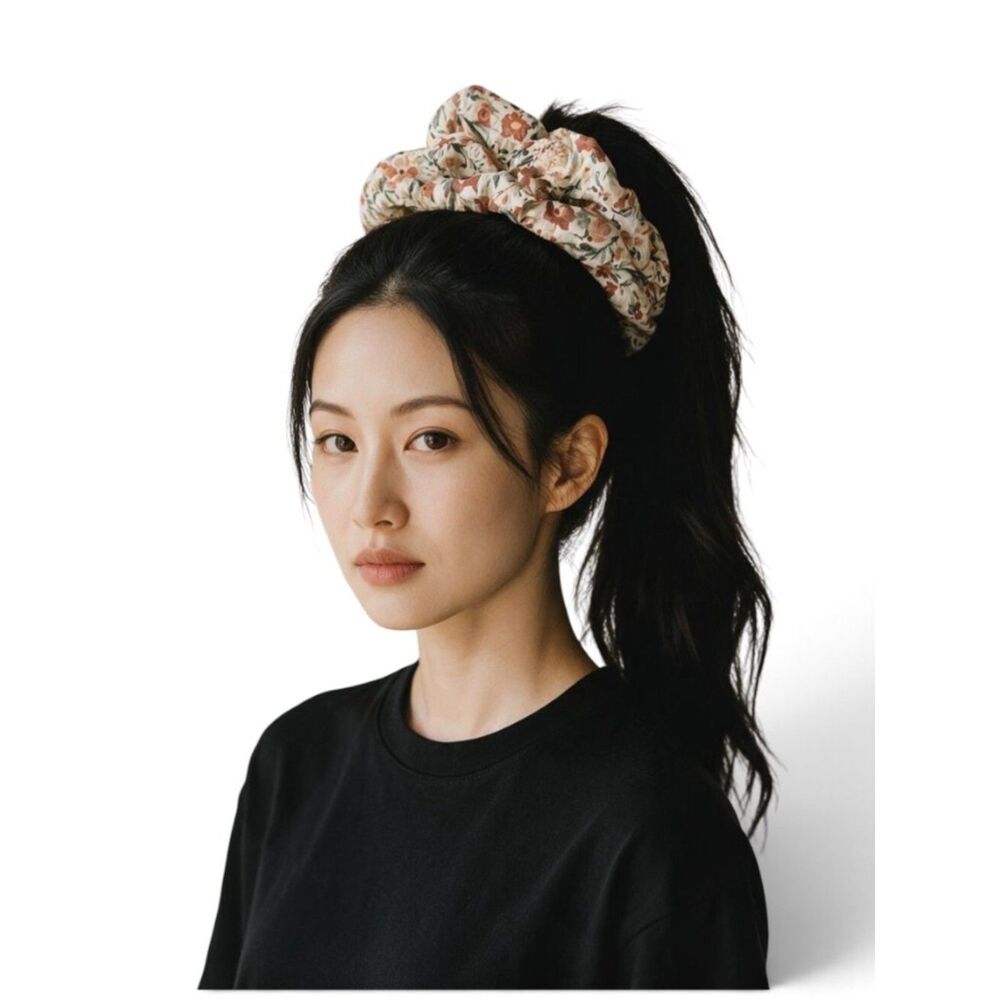 Handmade Fall Floral Cotton Hair Scrunchie Large Botanical Ponytail Holder Ties